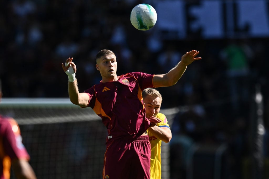 Artem Dovbyk wins a header during AS Roma v Hellas Verona FC - Serie A