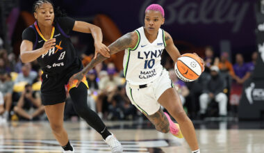 Courtney Williams 10 of the Minnesota Lynx drives the ball past Monique Akoa Makani 8 of the Phoenix Mercury during the first half of Game Four of the 2025 WNBA Playoffs semifinals at PHX Arena on September 28, 2025 in Phoenix, Arizona.