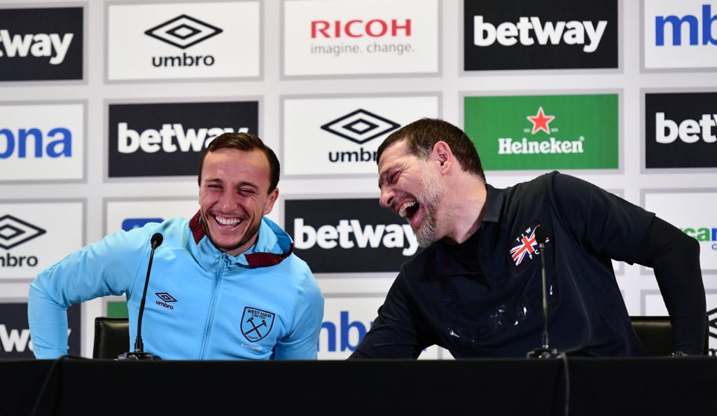 Former West Ham boss Slaven Bilic shares a laugh with Hammers legend Mark Noble, now sporting director