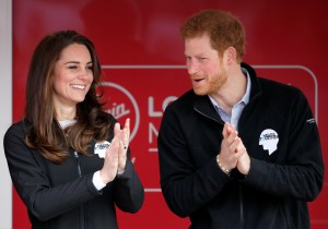 LONDON, UNITED KINGDOM - APRIL 23: (EMBARGOED FOR PUBLICATION IN UK NEWSPAPERS UNTIL 48 HOURS AFTER CREATE DATE AND TIME) Prince Harry and Catherine, Duchess of Cambridge attend the start of the 2017 Virgin Money London Marathon on April 23, 2017 in London, England. The Heads Together mental heath campaign, spearheaded by The Duke & Duchess of Cambridge and Prince Harry, is the marathon's 2017 Charity of the Year. (Photo by Max Mumby/Indigo/Getty Images)
