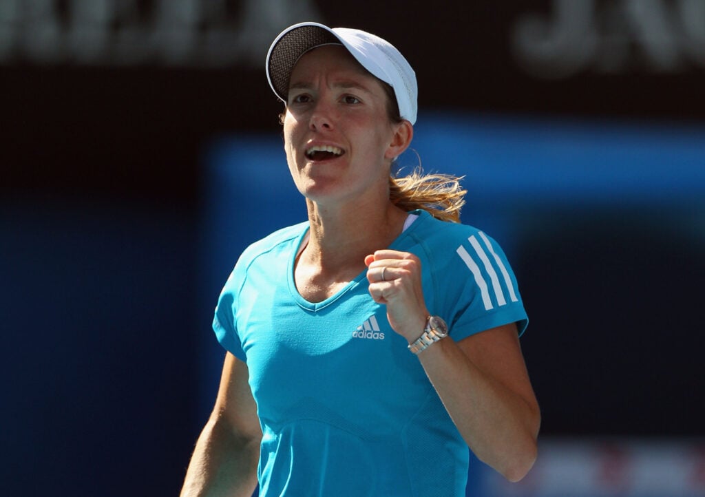 Justine Henin celebrates her semifinal win at the 2010 US Open