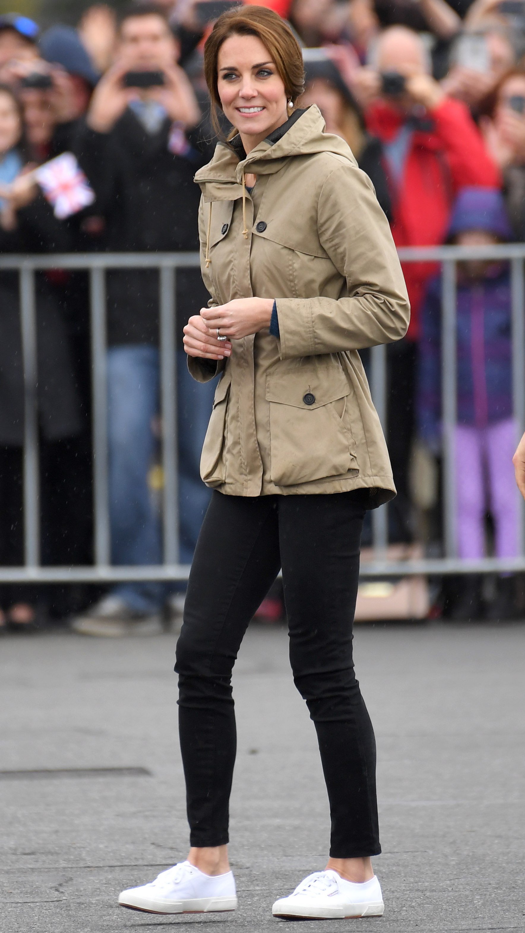 Catherine, Princess of Wales greets well-wishers during a walkabout at Victoria's Inner Harbour on October 1, 2016 in Victoria