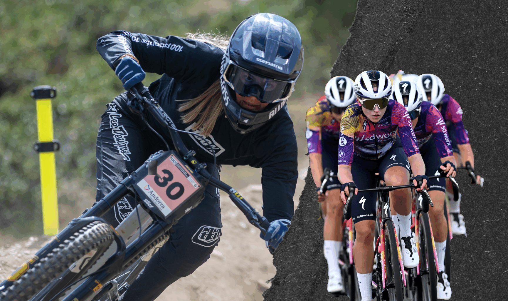 A collage of a mountain biker and a peloton