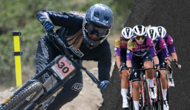 A collage of a mountain biker and a peloton