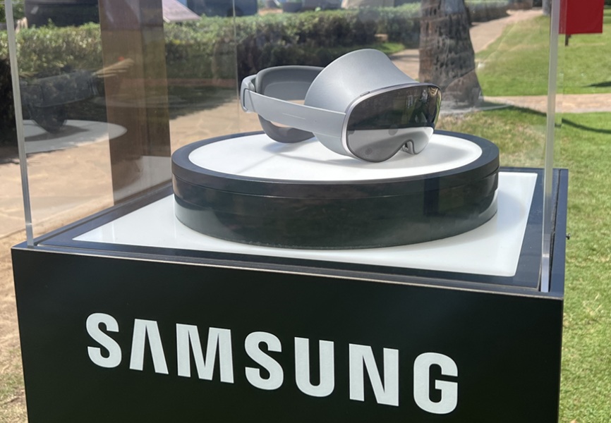 A snapshot of Samsung's XR headset, Project Moohan, in a glass display case at Qualcomm's Snapdragon Summit 2025.