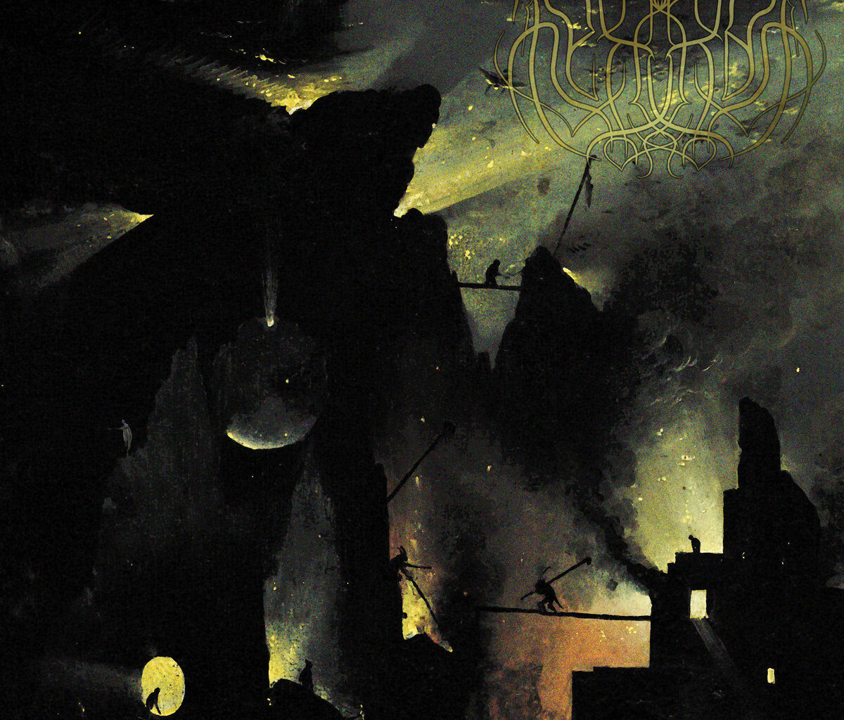 The album cover for Formless Ruin of Oblivion by Hexrot, out August 29th, 2025 on Transcending Obscurity Records. The artwork is a section of Hieronymus Bosch’s famous painting, depicting surreal, nightmarish figures moving across jagged ruins under a dark, smoky sky. The band’s intricate logo appears in gold at the top right, with the album title written in gothic script at the bottom.