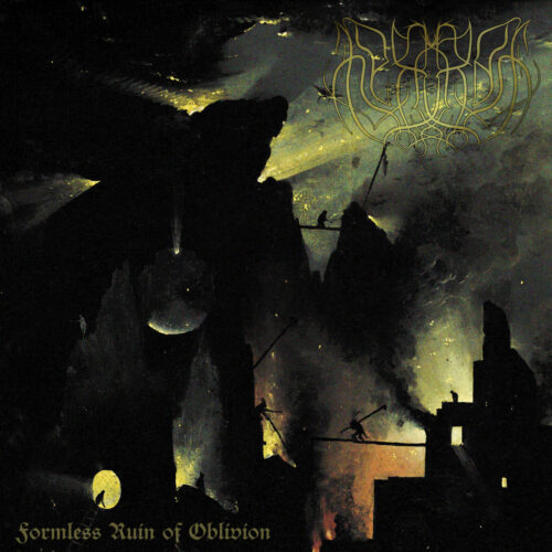 The album cover for Formless Ruin of Oblivion by Hexrot, out August 29th, 2025 on Transcending Obscurity Records. The artwork is a section of Hieronymus Bosch’s famous painting, depicting surreal, nightmarish figures moving across jagged ruins under a dark, smoky sky. The band’s intricate logo appears in gold at the top right, with the album title written in gothic script at the bottom.