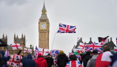 Demonstrators took part in the Tommy Robinson-led Unite the Kingdom march and rally near Westminster, London, on Saturday.