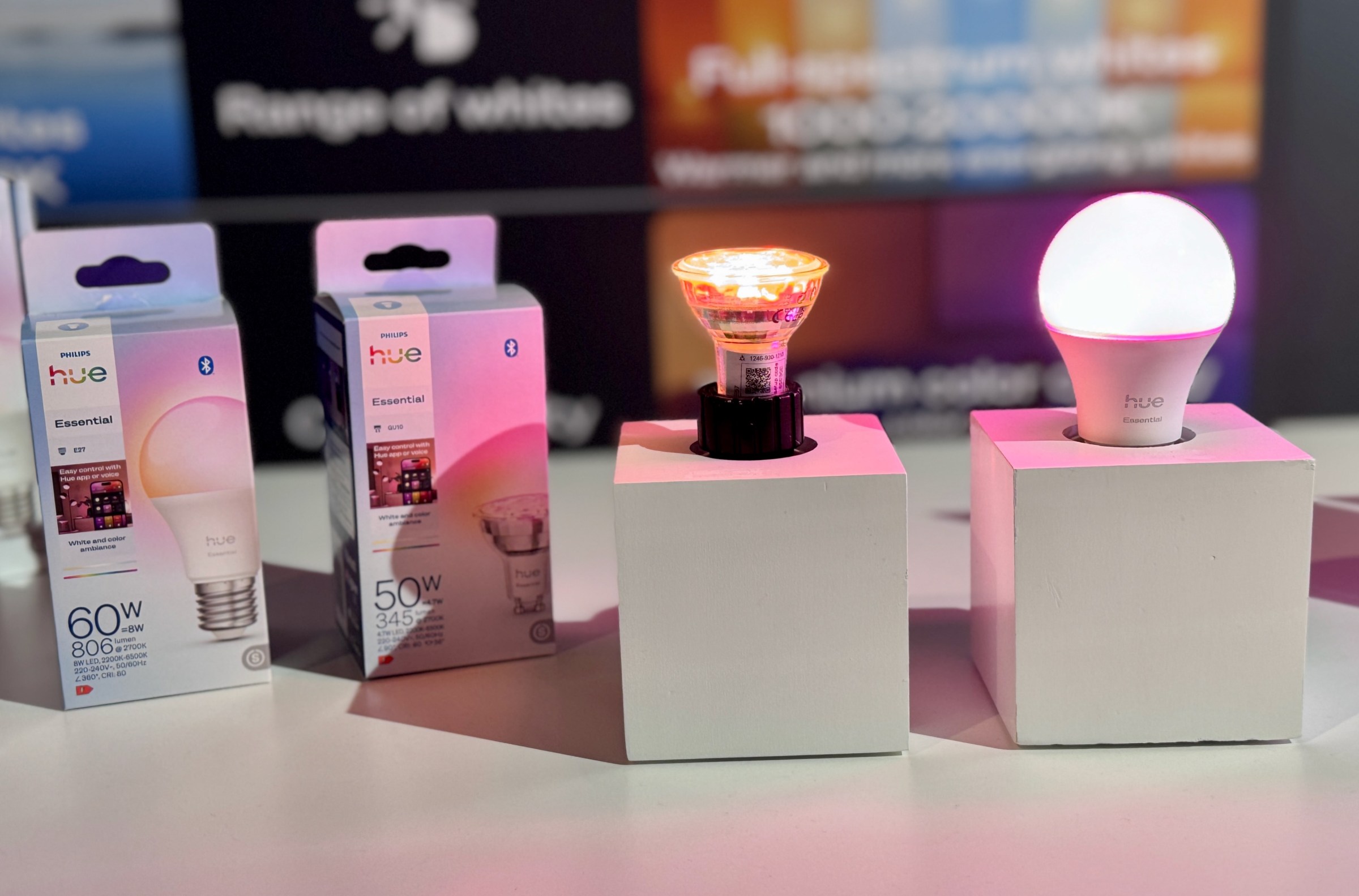 The new Hue Essentials line features an A19 bulb and a GU10 spotlight, among other options. The design of the A19 harkens back to that of the original Hue bulb.