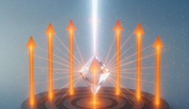 Illustration Showing Photon Emission From a Nanodiamond and Light Directed by a Bullseye Antenna