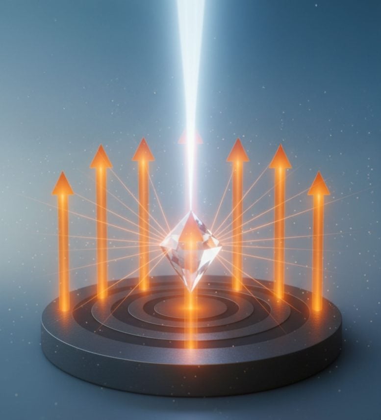 Illustration Showing Photon Emission From a Nanodiamond and Light Directed by a Bullseye Antenna