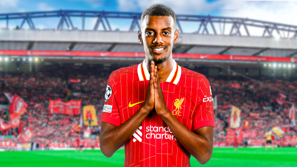 Alexander Isak, Liverpool holding his hands together in front of Anfield