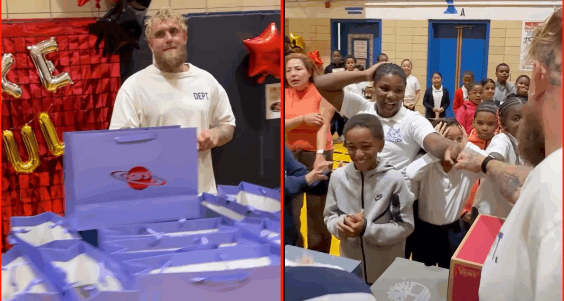 Two photos showing Jake Paul gifting shoes to children, with boxes in front of him