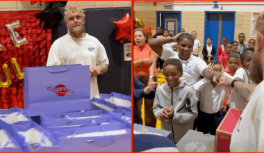 Two photos showing Jake Paul gifting shoes to children, with boxes in front of him