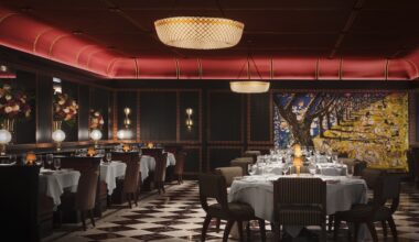 carbone london major food group mfg ken fulk wall mural white tablecloths red ceiling black and white checkerboard floor