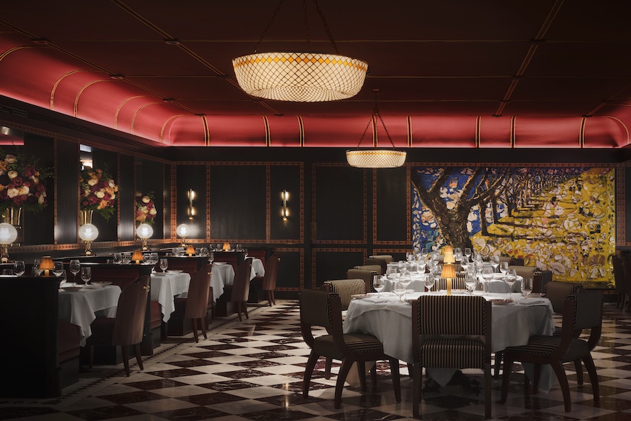 carbone london major food group mfg ken fulk wall mural white tablecloths red ceiling black and white checkerboard floor