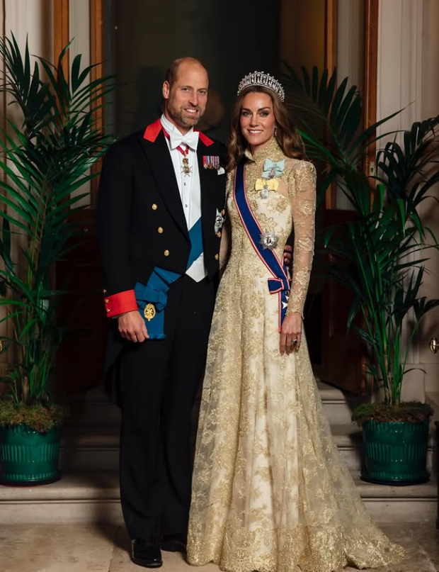 Kate, The Princess of Wales wears a gold gown with pearl tiara for the State Banquet for US President, Donald Trump