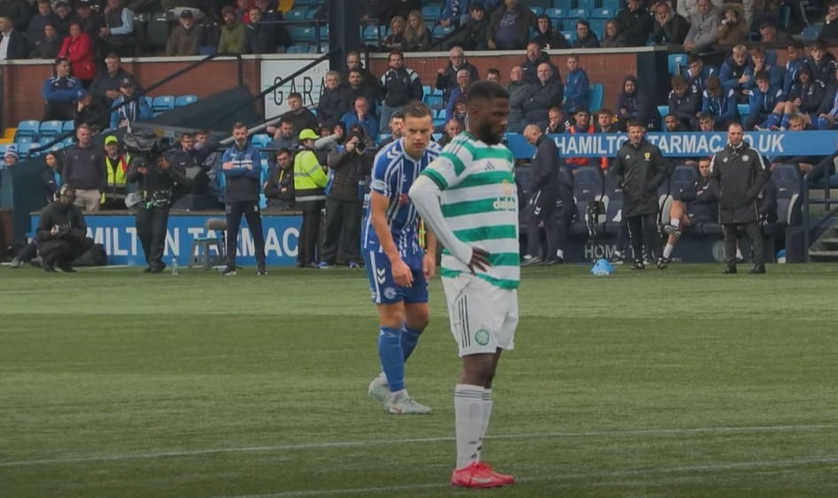 Kelechi Iheanacho stands and prepares to take Celtic's penalty vs Kilmarnock.
