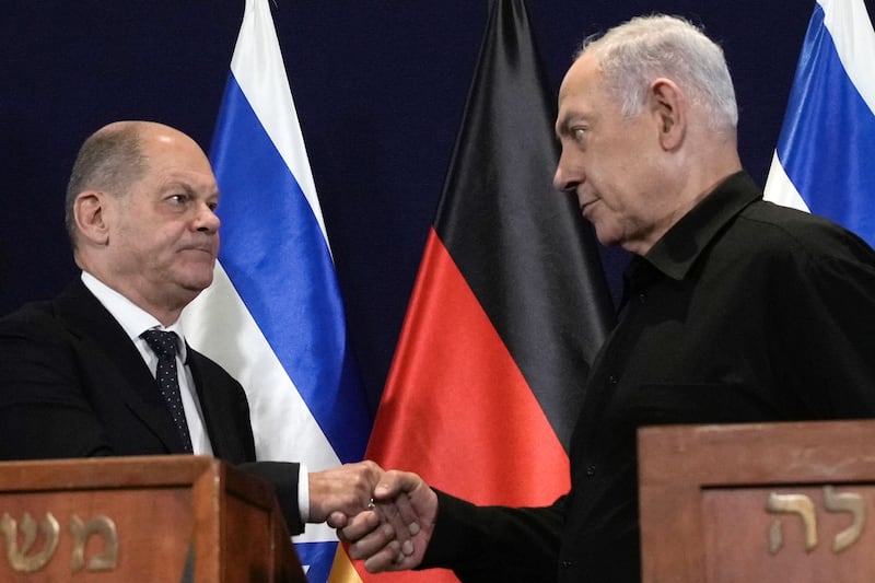 German chancellor Olaf Scholz and Israeli prime minister Binyamin Netanyahu in Tel Aviv on October 17th, 2023. Photograph: Maya Alleruzzo/AFP via Getty Images