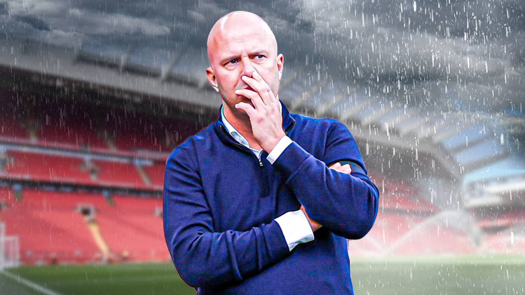 Liverpool manager Arne Slot looking worried
