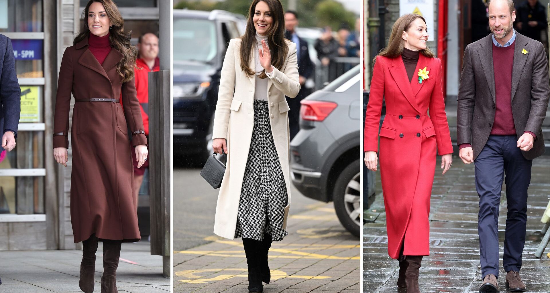 A composite of three pictures of Kate Middleton wearing her brown and black Gianvito Rossi knee high boots on different occasions