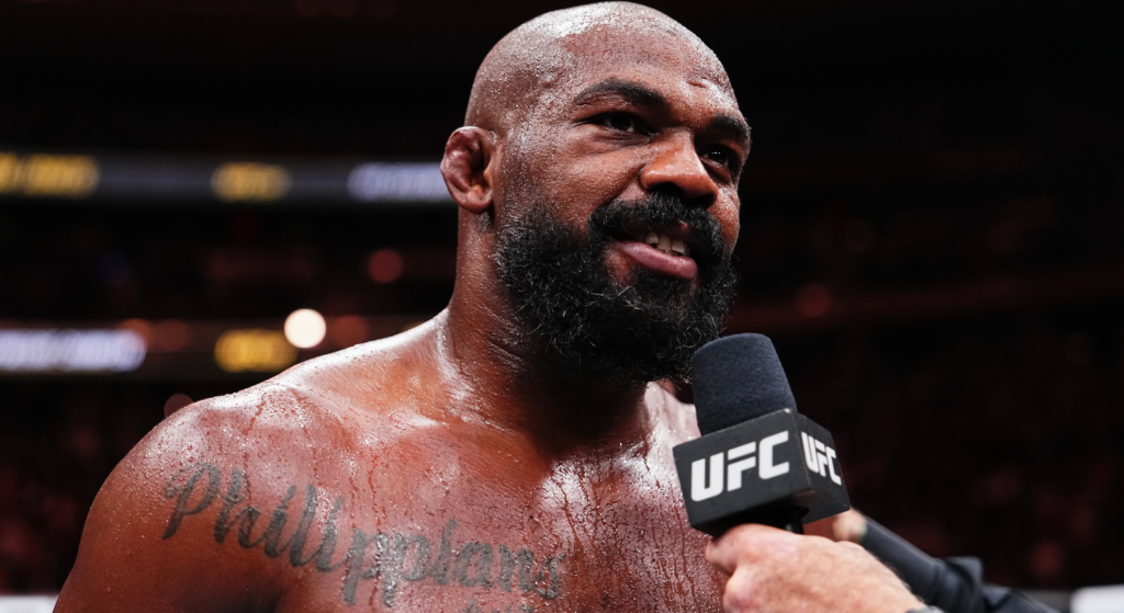 Jon Jones speaks to Joe Rogan after defeating Stipe Miocic at UFC 309.