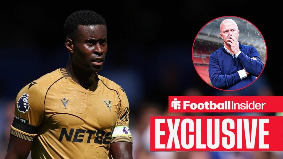 Marc Guehi in a gold Crystal Palace away shirt alongside Liverpool boss Arne Slot looking concerned in a circular frame