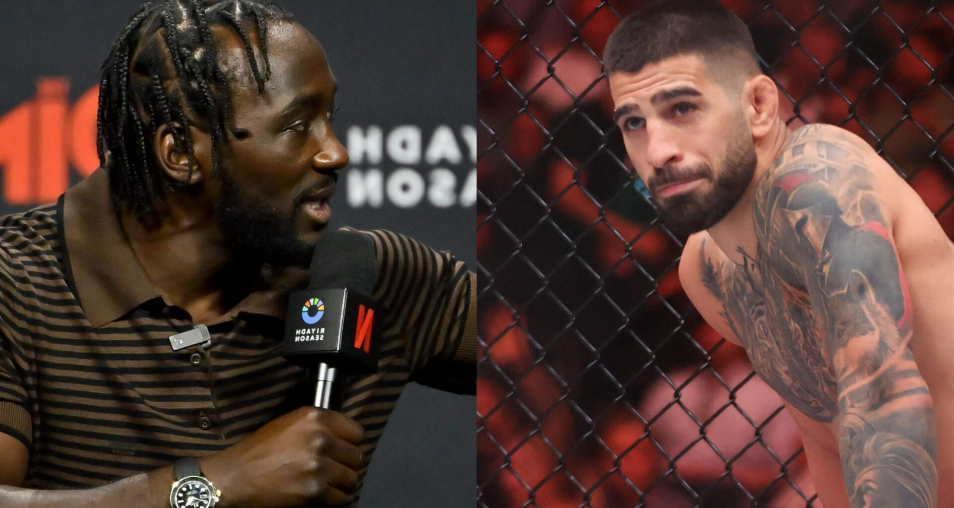 Terence Crawford speaks at a pre-fight press conference, opposite Ilia Topuria in the cage at UFC 317