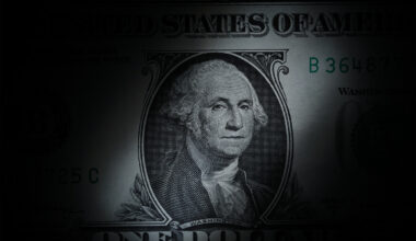 An artsy depiction of the one dollar bill, heavily shaded at the corners.