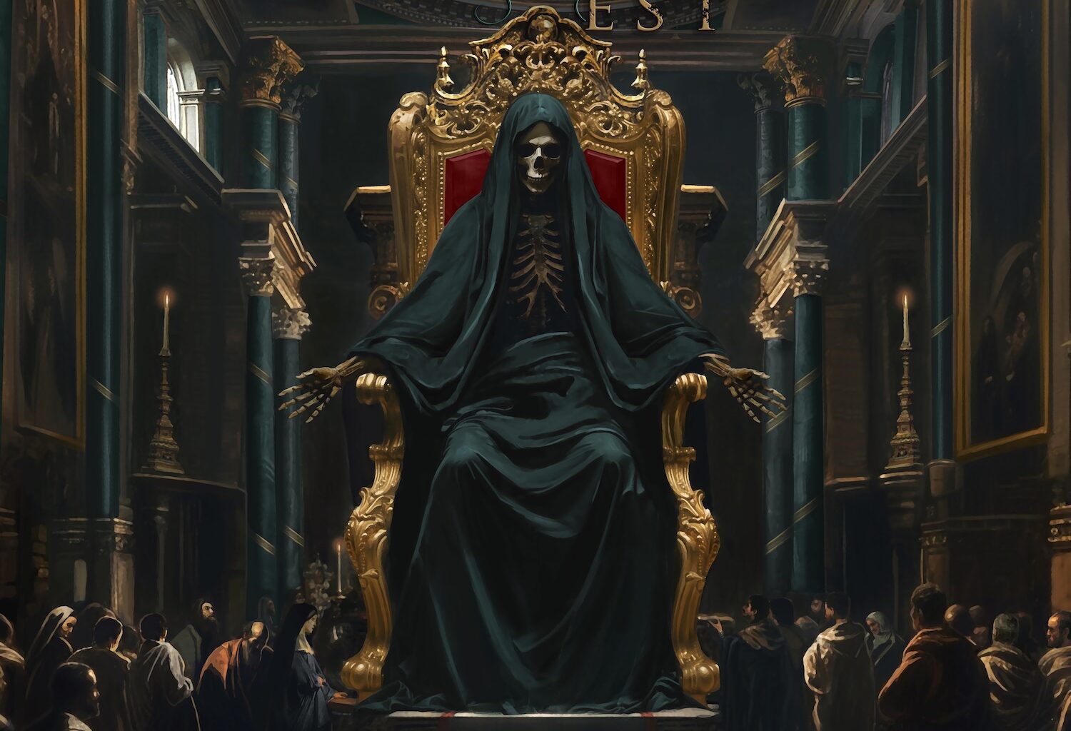 Hooded skeleton draped in black sits on an ornate gold throne atop steps in a dim Baroque cathedral. Columns, candles, and framed paintings line the hall as robed onlookers face the figure. Ornate teal-gold logo "Mors Principium Est" crowns the image; album title "Darkness Invisible" appears in gold script at the bottom.