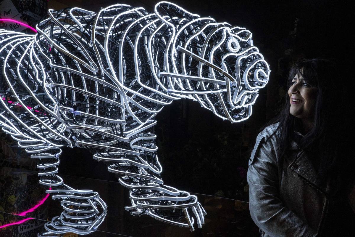 an artist standing next to an illuminated LED sculpture of a tiger