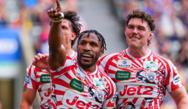 Leigh Leopards v Catalans Dragons as Edwin Ipape celebrates scoring a try
