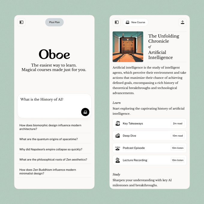 a pair of screenshots showing the Oboe app