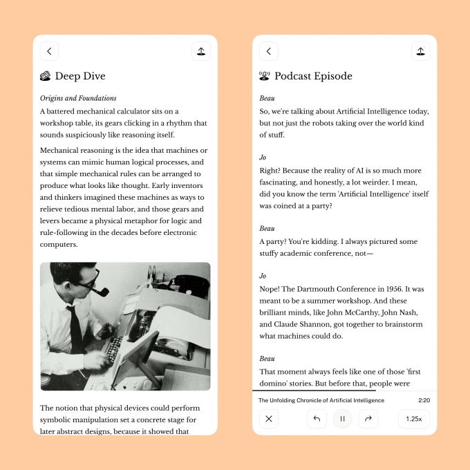 another pair of screenshots showing a deep dive and podcast episode in the Oboe app.