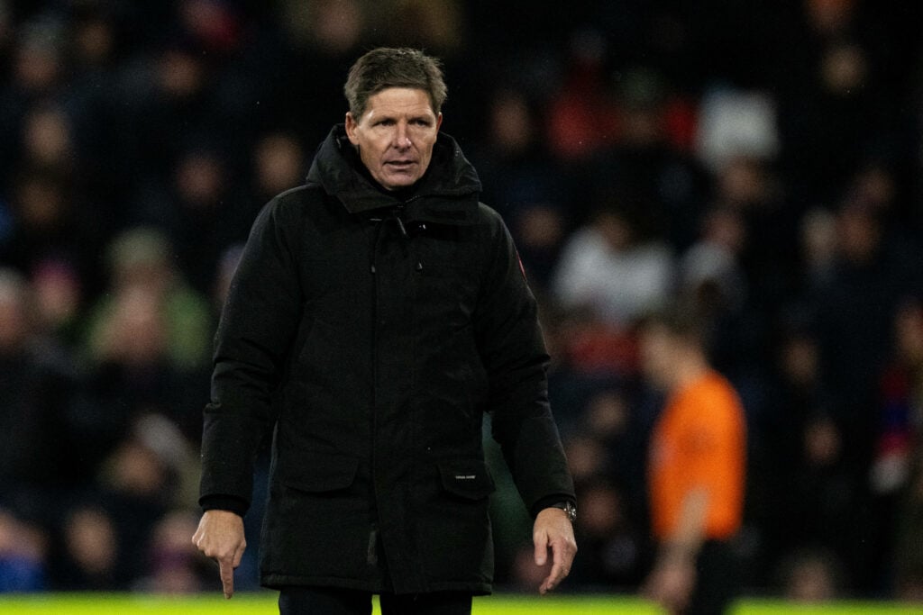 Crystal Palace manager Oliver Glasner looking annoyed