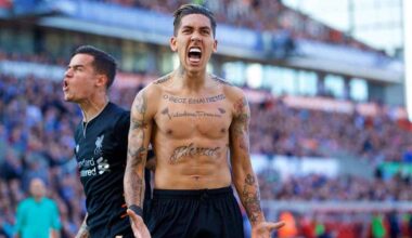 STOKE-ON-TRENT, ENGLAND - Saturday, April 8, 2017: Liverpool's Roberto Firmino celebrates scoring the second goal against Stoke City with team-mate Philippe Coutinho Correia during the FA Premier League match at the Bet365 Stadium. (Pic by David Rawcliffe/Propaganda)