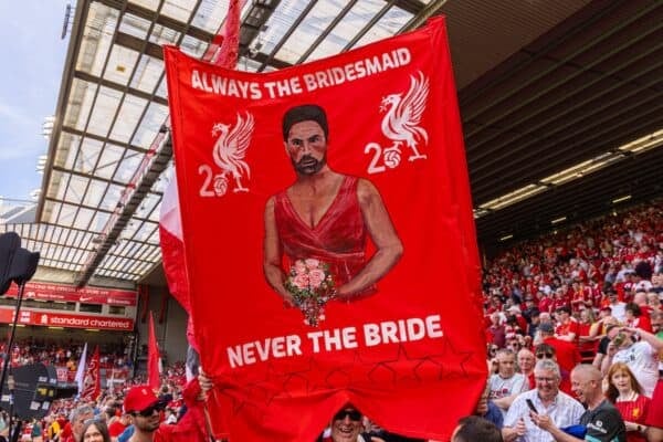 LIVERPOOL, ENGLAND - Sunday, May 11, 2025: Liverpool supporters' banner featuring Arsenal's manager Mikel Arteta "Always the Bridesmaid, Never the Bride" during the FA Premier League match between Liverpool FC and Arsenal FC at Anfield. (Photo by David Rawcliffe/Propaganda)