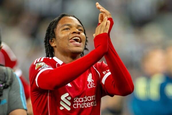 NEWCASTLE-UPON-TYNE, ENGLAND - Monday, August 25, 2025: Liverpool's debut goalscorer Rio Ngumoha celebrating in front the supporters after the final whistle during the FA Premier League match between Newcastle United FC and Liverpool FC at St James' Park. (Photo by David Rawcliffe/Propaganda)