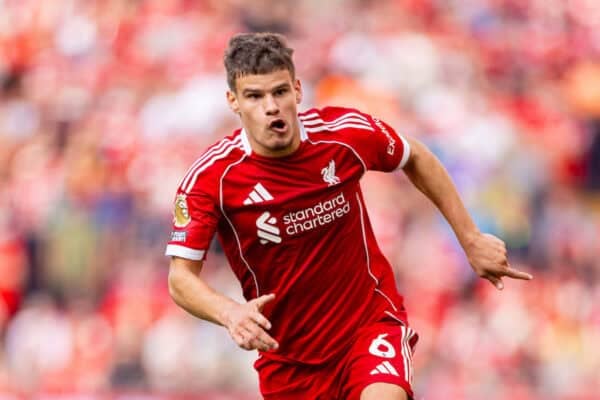 LIVERPOOL, ENGLAND - Sunday, August 31, 2025: Liverpool's Milos Kerkez during the FA Premier League match between Liverpool FC and Arsenal FC at Anfield. (Photo by David Rawcliffe/Propaganda)