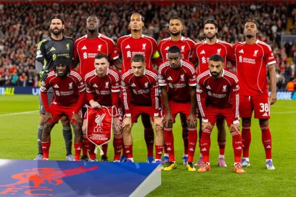 LIVERPOOL, ENGLAND - Wednesday, September 17, 2025: Liverpool's players line-up for a team group photograph before the UEFA Champions League match between Liverpool FC and Atletico Madrid FC at Anfield. (Photo by David Rawcliffe/Propaganda)