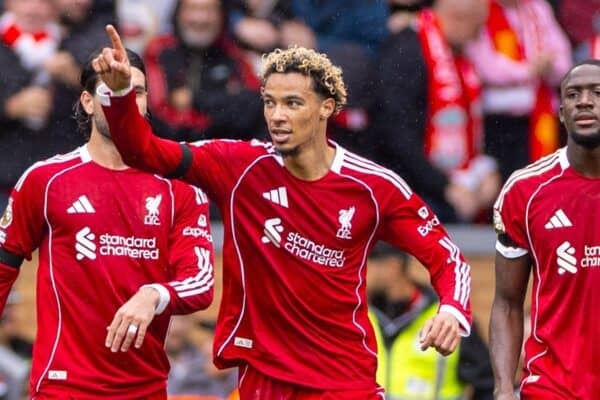 LIVERPOOL, ENGLAND - Saturday, September 20, 2025: Liverpool's Hugo Ekitike celebrates after scoring the second goal during the FA Premier League match between Liverpool FC and Everton FC at Anfield. The 247th Merseyside Derby. (Photo by David Rawcliffe/Propaganda)