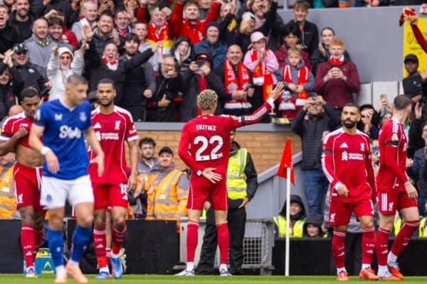 LIVERPOOL, ENGLAND - Saturday, September 20, 2025: Liverpool's Hugo Ekitike celebrates after scoring the second goal during the FA Premier League match between Liverpool FC and Everton FC at Anfield. The 247th Merseyside Derby. (Photo by David Rawcliffe/Propaganda)