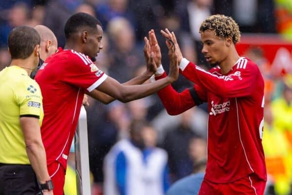 LIVERPOOL, ENGLAND - Saturday, September 20, 2025: Liverpool's Hugo Ekitike is replaced by substitute Alexander Isak during the FA Premier League match between Liverpool FC and Everton FC at Anfield. The 247th Merseyside Derby. (Photo by David Rawcliffe/Propaganda)