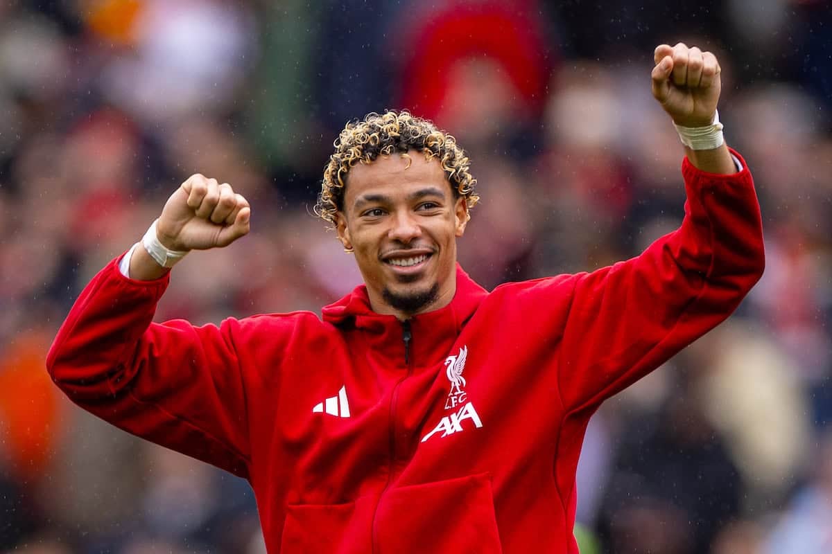 LIVERPOOL, ENGLAND - Saturday, September 20, 2025: Liverpool's goalscorer Hugo Ekitike celebrating after the final whistle during the FA Premier League match between Liverpool FC and Everton FC at Anfield. The 247th Merseyside Derby. (Photo by David Rawcliffe/Propaganda)
