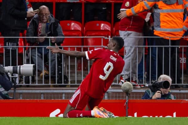 LIVERPOOL, ENGLAND - Tuesday, September 23, 2025: Liverpool's Alexander Isak celebrates after scoring the first goal during the Football League Cup 3rd Round match between Liverpool FC and Southampton FC at Anfield. (Photo by David Rawcliffe/Propaganda)