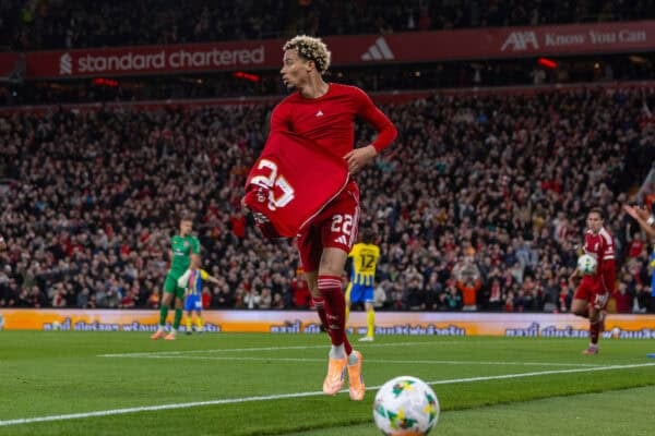 LIVERPOOL, ENGLAND - Tuesday, September 23, 2025: Liverpool's Hugo Ekitike takes his shirt off as he celebrates after scoring the second goal during the Football League Cup 3rd Round match between Liverpool FC and Southampton FC at Anfield. (Photo by David Rawcliffe/Propaganda)