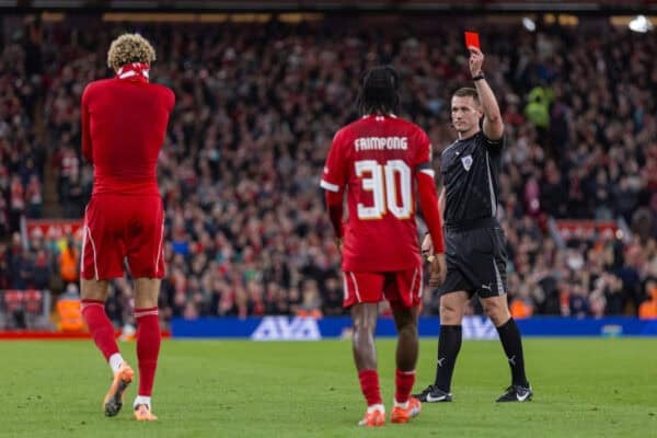 LIVERPOOL, ENGLAND - Tuesday, September 23, 2025: Liverpool's Hugo Ekitike is shown a red via a second yellow for taking his shirt off during his goal celebrations by referee Thomas Bramall during the Football League Cup 3rd Round match between Liverpool FC and Southampton FC at Anfield. (Photo by David Rawcliffe/Propaganda)
