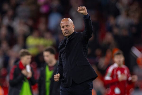 LIVERPOOL, ENGLAND - Tuesday, September 23, 2025: Liverpool's head coach Arne Slot celebrates after the Football League Cup 3rd Round match between Liverpool FC and Southampton FC at Anfield. (Photo by David Rawcliffe/Propaganda)