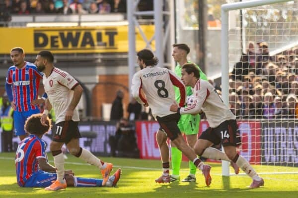 LONDON, ENGLAND - Saturday, September 27, 2025: Liverpool's Federico Chiesa celebrates with team-mate Dominik Szoboszlai after scoring his team first and equalising goal the FA Premier League match between Crystal Palace FC and Liverpool FC at Selhurst Park. (Photo by David Rawcliffe/Propaganda)