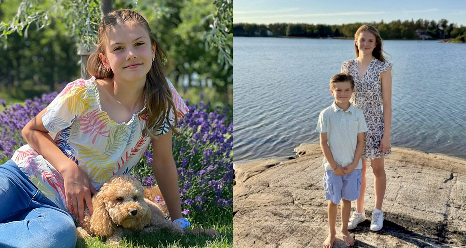 Princess Estelle posing in grass with a curly brown dog; Princess Estelle wearing a floral dress and Prince Oscar in shorts and a polo standing in front of a lake
